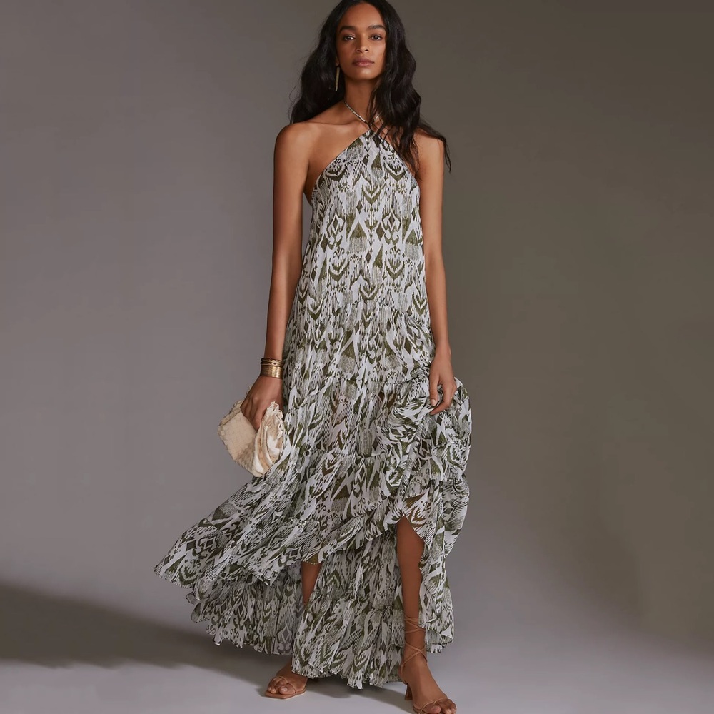 NWT MISA Los Angeles Tiered Halter Midi Dress Size L Large Moss